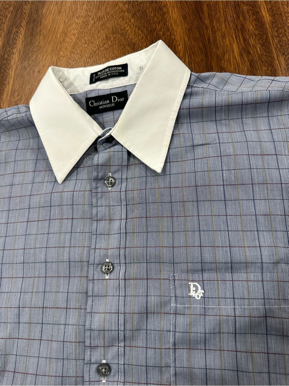Dior Blue Windowpane Dress Shirt with White Contrast Collar